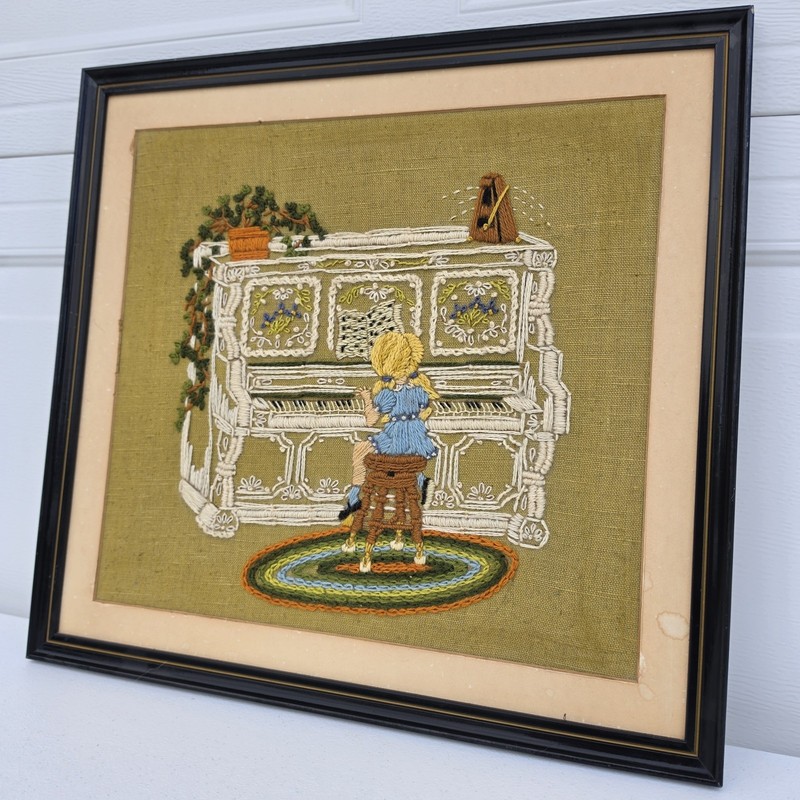Vintage 1970 Crewel Embroidery Girl at Piano Professional Framed All Handmade