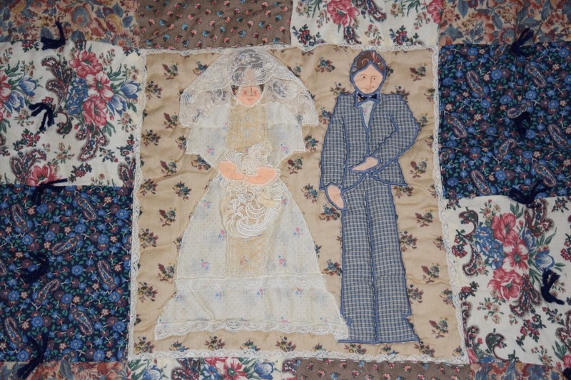 Vintage Country Wedding Couple Folk Art Tapestry Quilt Log Cabin Wall Decor gallery