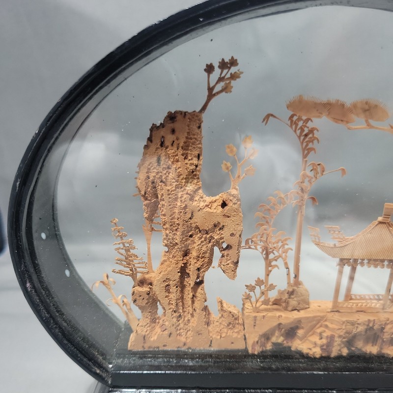 San You Oriental Hand Carved Cork Art 3D Diorama | Cranes, Pagoda, & Bonsai gallery