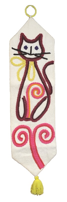 VTG Scandinavian Style Woven Textile 70s Cat Wall Hanging Bell Pull Tassel Pink