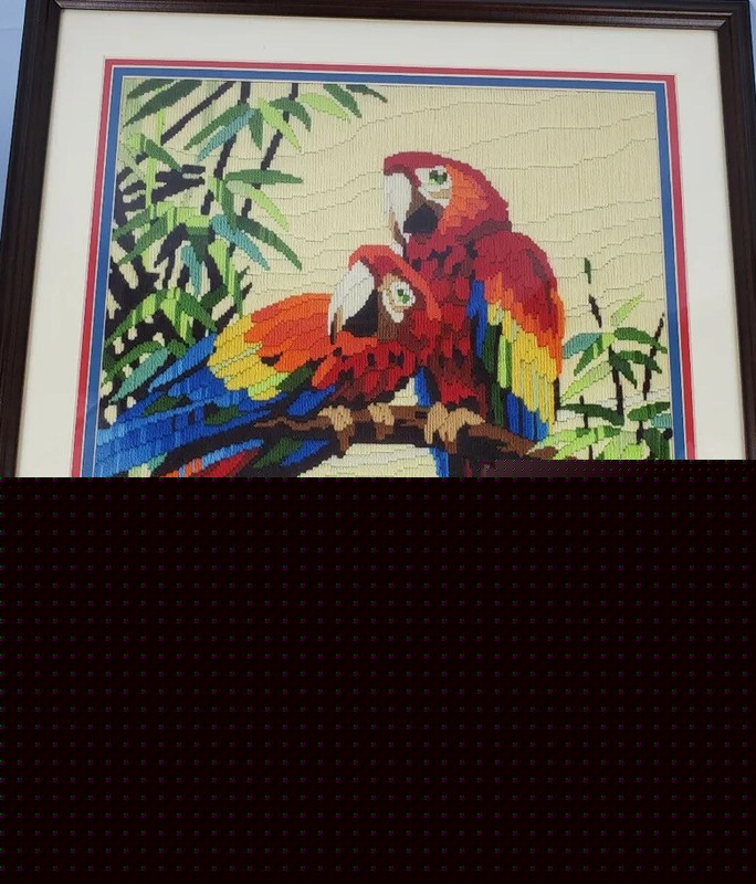 Rare~ Vintage long stitch needle point Two Green Wing Macaws Framed Wall Art
