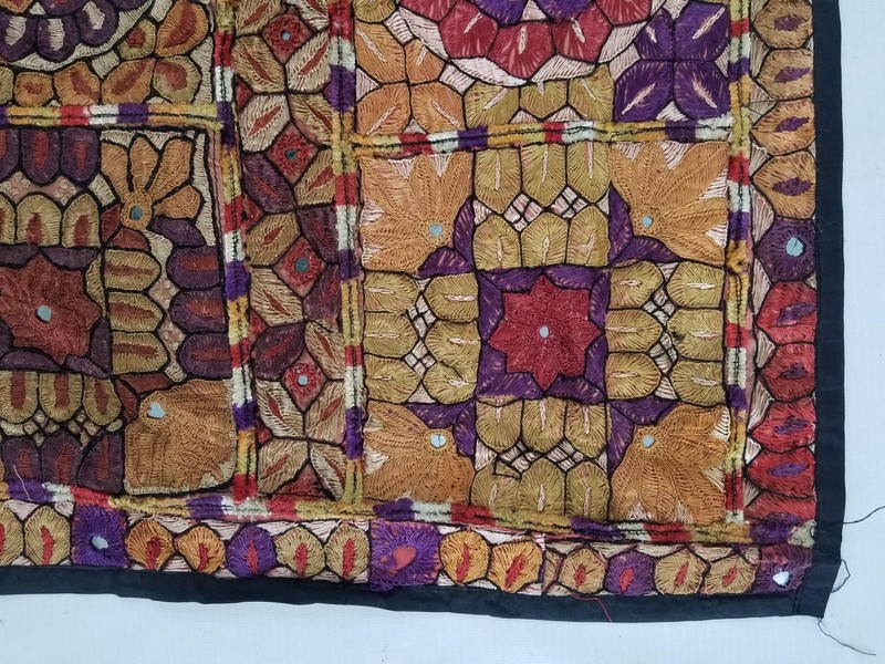 Vintage Traditional Indian Mirrorwork Hand Embroidered Textile Panel 34x24 in gallery