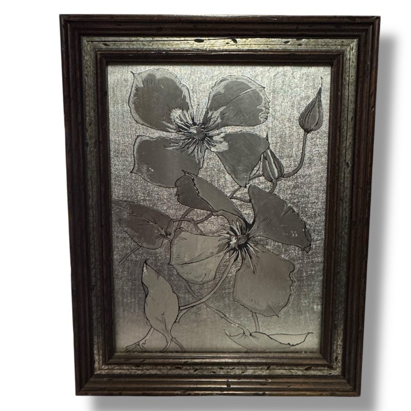 VTG 1970s Silver Metallic Print On Silk Framed Wood Frame Heekers Framing Art
