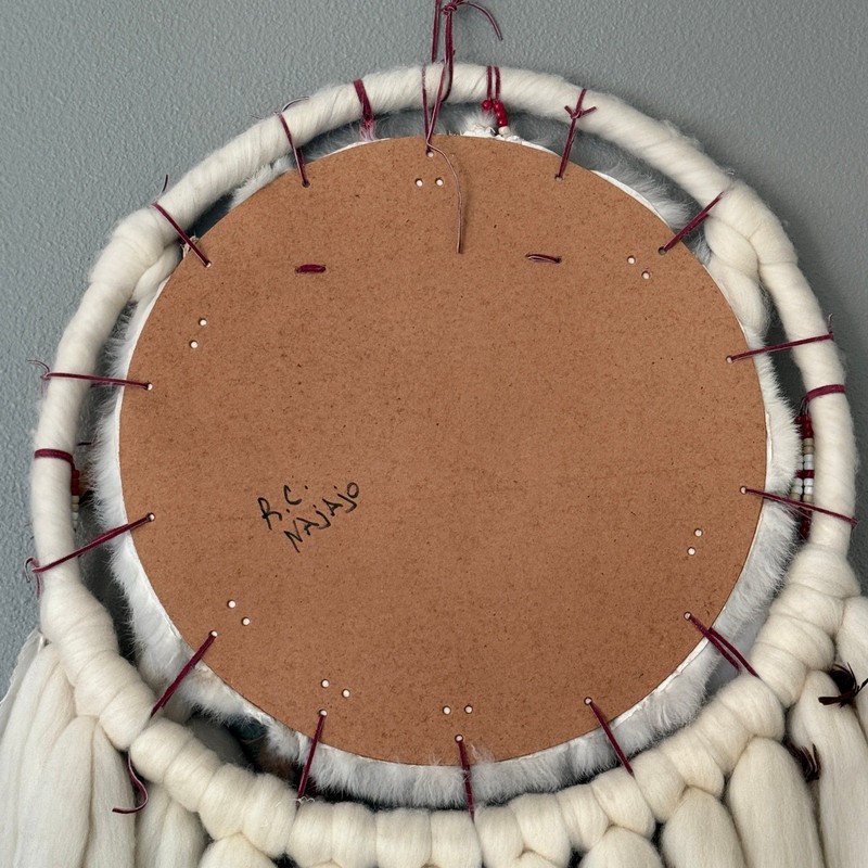 Vtg Signed Navajo Mandala Wall Hanging - Large Feather Shield 25x50” gallery