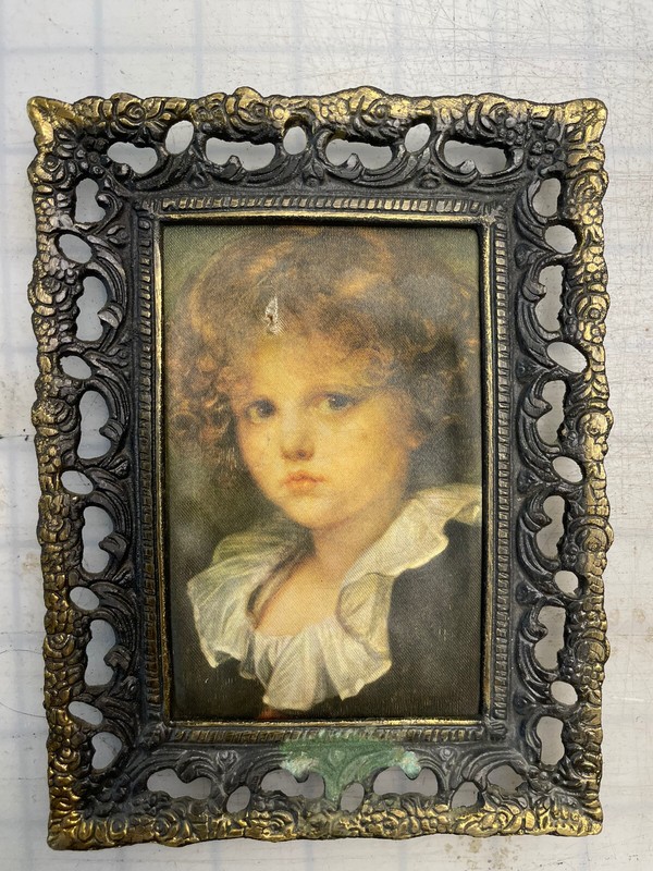 Antique picture printed on nature Silk with metal frame .