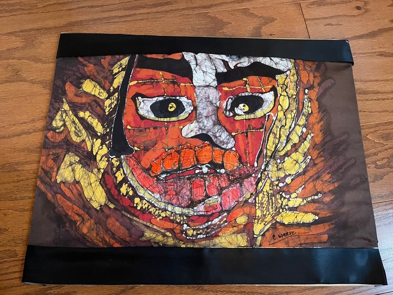 Vtg Bali Batik Dyed Fabric Art Tribal Face Matted Pictured ~20x16” Signed