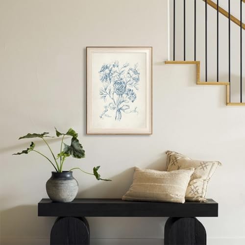 Framed Vintage Wall Art for Bathroom, Botanical Blue 16"L x 12"W Blue flower gallery