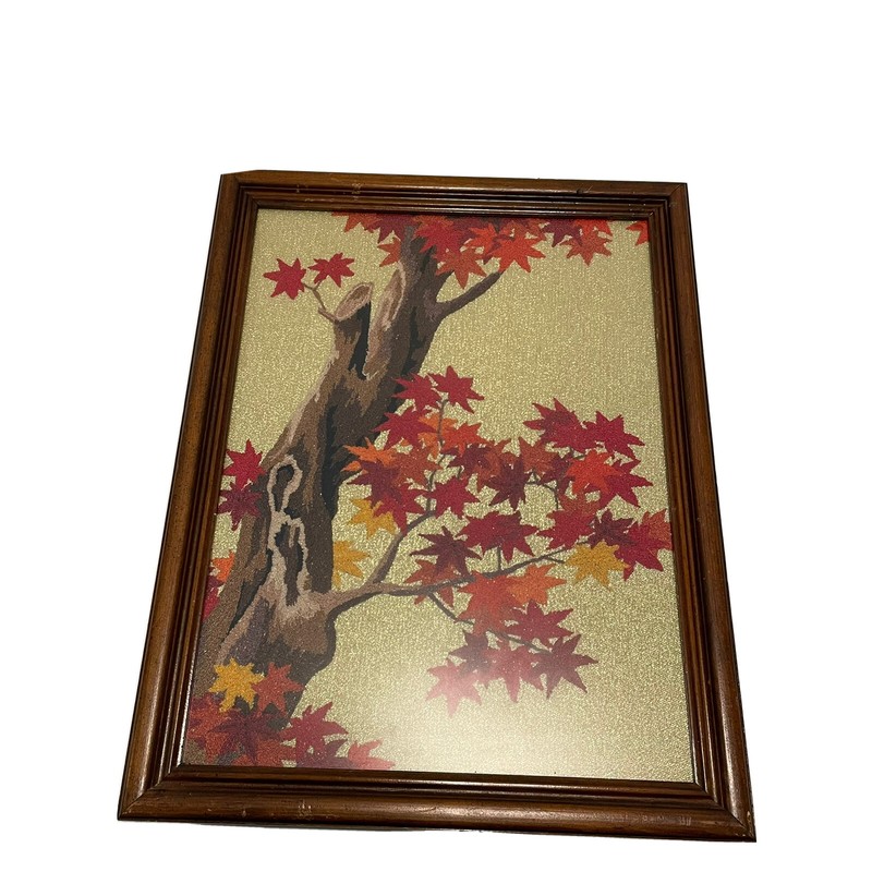 vintage 3D Wood framed art fall oak tree leaves Glitter 18x14 Cabin CottageCore