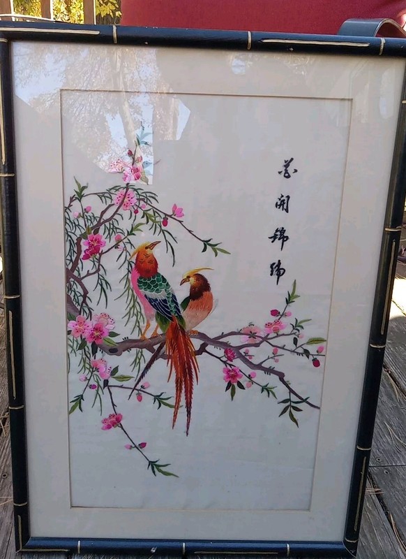 Large Vtg Wood Framed Silk Japanese Hand Embroidery Birds Love Artrest Signed