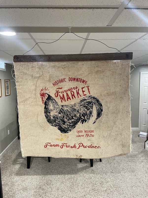 Vintage Rooster Burlap Wall Hanging 26”x 23” Farmers Market