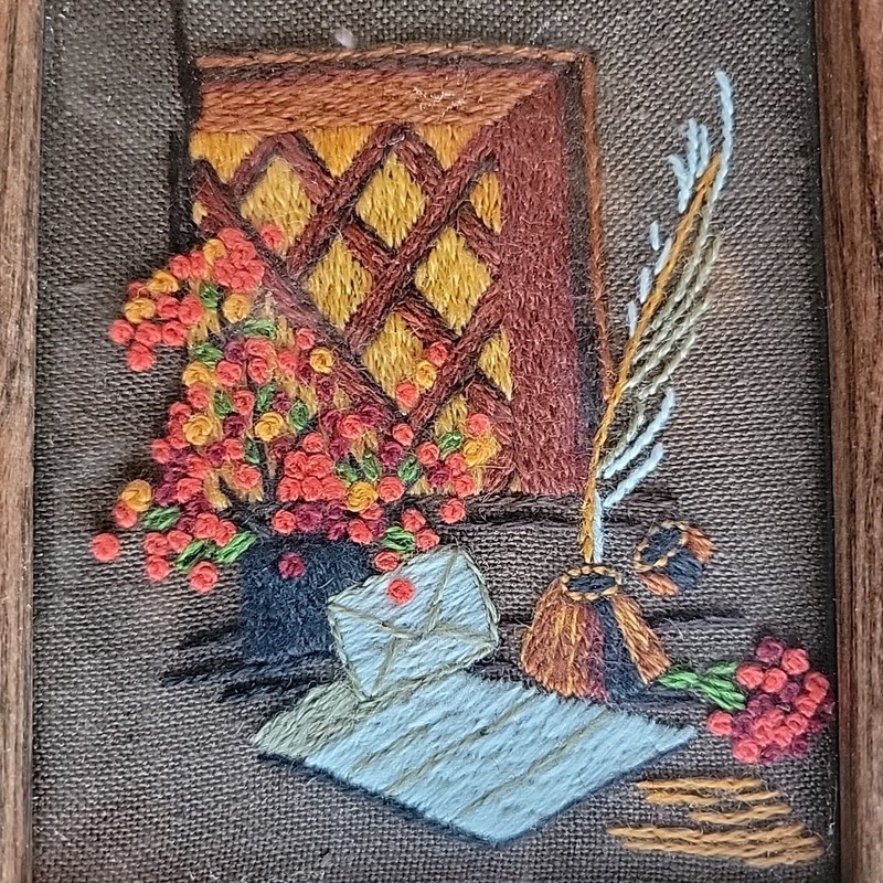Kitschy 3 framed pictures Needle Point Antique scene gas lamp old fashioned Phon gallery