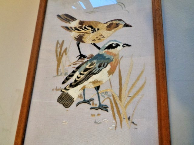 Vintage Embroidery Birds Art Picture on Textile Framed 15.5x8.5 c1970s Used gallery