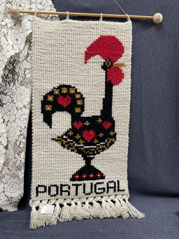 Vtg Wall Art Rooster Portugal 15”x 33” Handwoven Wool Hanging Rug Textile gallery