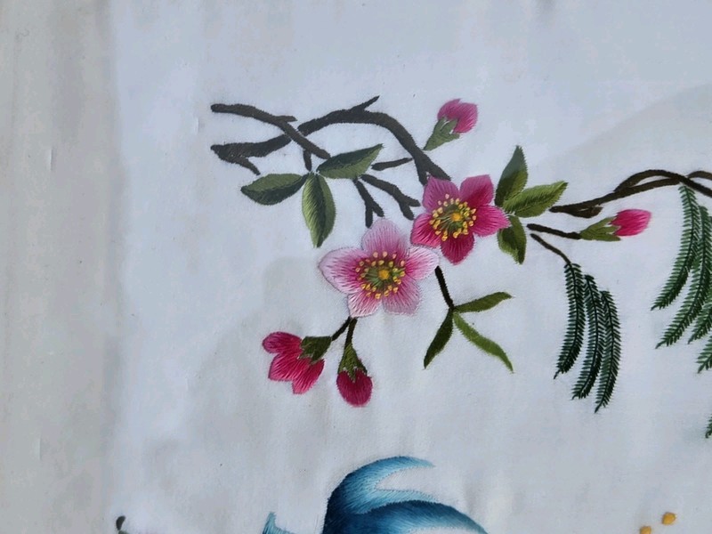 Antique Silk Embroidery With Fish Flowers Tree Branches Beautiful gallery