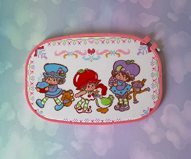 Vintage Fabric Strawberry Themed Characters Embroidery Hoop Wall Hanging Retro