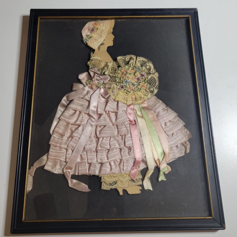 Antique Art Framed Fabric Woman Lady Bonnet Dress Flowers Bouquet Victorian