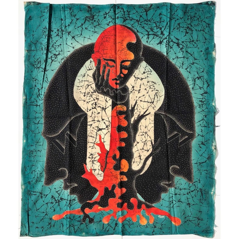 Balinese Batik Art Panel psychedelic tree hand head faces Bali Indonesia vintage