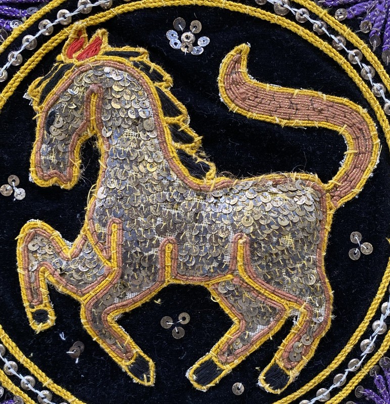 VTG Burmese Kalaga Hand Embroidered Tapestry Horse Sequin Asian Art 11.5” Square gallery