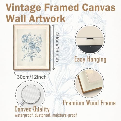 Framed Vintage Wall Art for Bathroom, Botanical Blue 16"L x 12"W Blue flower gallery