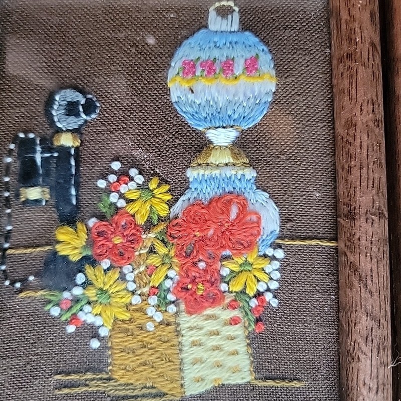 Kitschy 3 framed pictures Needle Point Antique scene gas lamp old fashioned Phon gallery