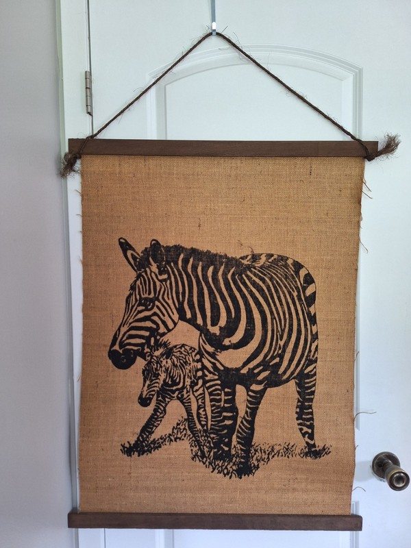 Vintage 1977 Zebra Screenprint On Burlap Scroll