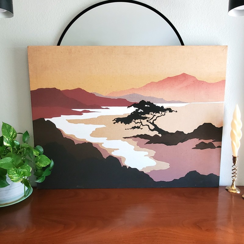 Vintage MCM 70s Landscape Silkscreen On Canvas Earth Tones Wall Art