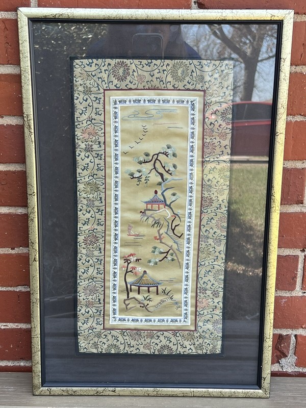 Vintage Asian Oriental Chinese Silk Embroidered Panel Flower Tree Framed Gold