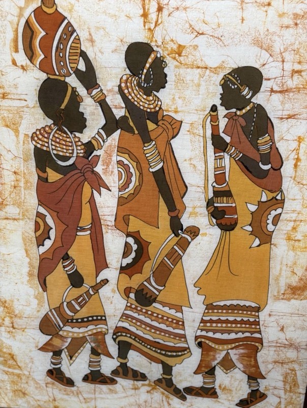 VTG African Batik Painting Signed Framed Figurative Textile Art MCM 32.5”x25.5” gallery