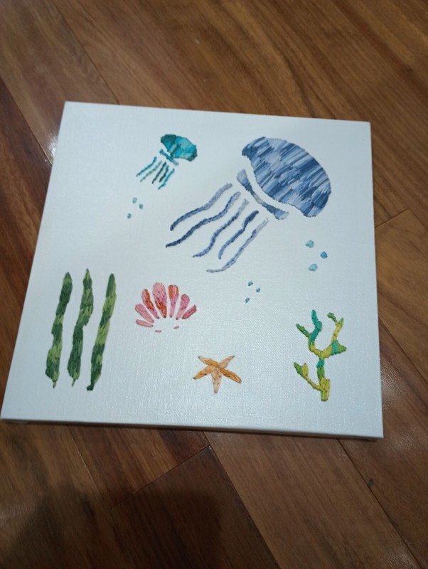 Sea Life Embroidery Wall Art Ombre Variegated Star Fish Jelly Fish Ocean Beach