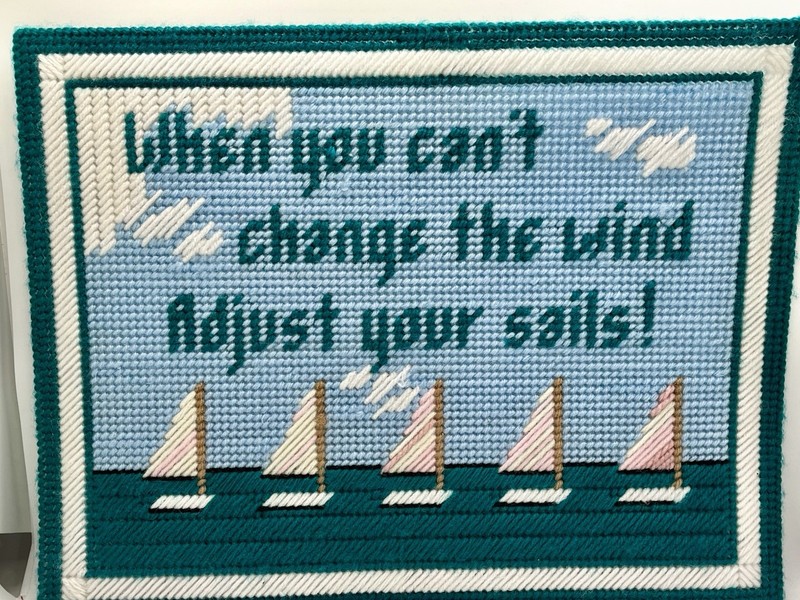 Plastic Canvas Sailboat Needlepoint Inspirational Wall Decor 10 x 14 inch Blues