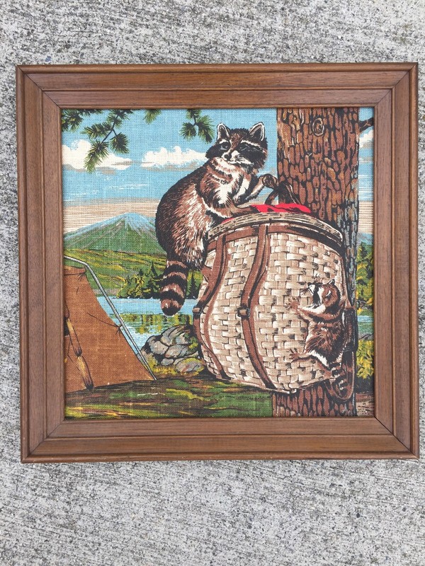 Vintage KAY DEE 100 % Linen Framed Art RACCOON Fishing Basket Tent Camp 16/16 gallery