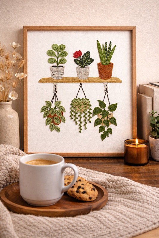 BP Framed Botanical Embroidery Wall Art Potted Plants Textile Bookshelf