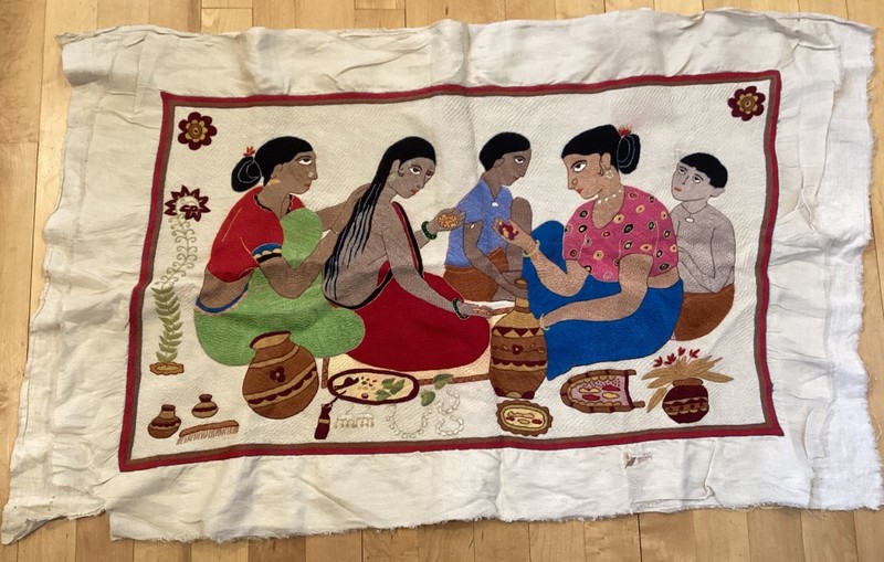 Nakshi Kantha Bangladesh Folk Art Tapestry Embroidery on Silk Family Scene 35” W