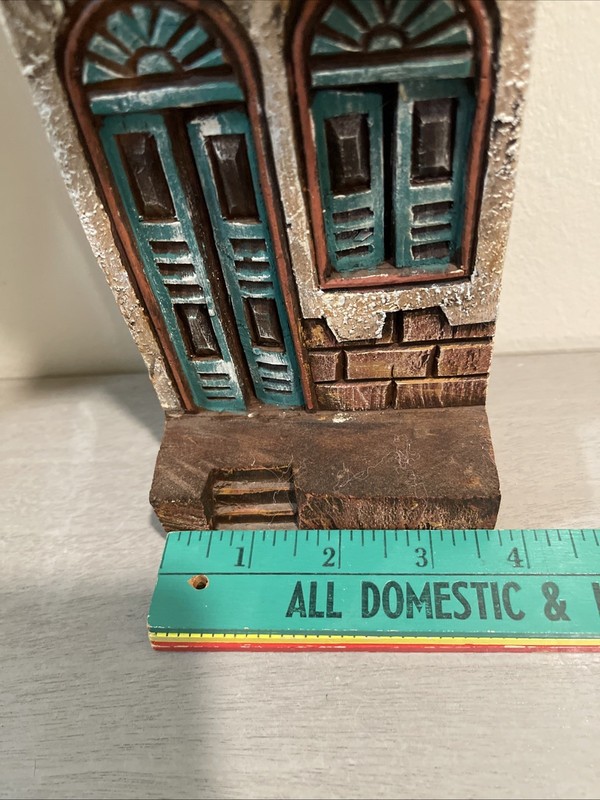 Antique wood carving board of Street building in City Green Door Windows 15”H gallery