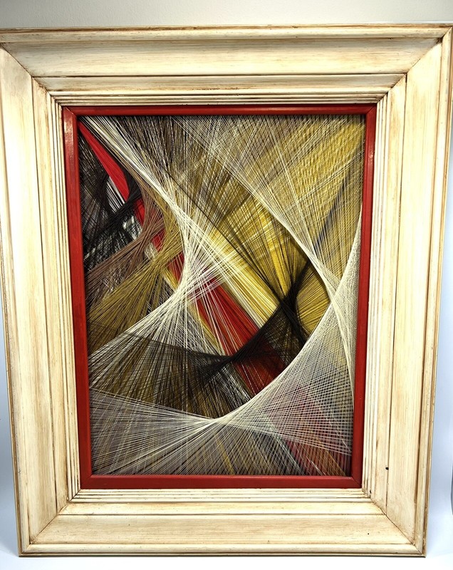 Vintage MCM 1971 Textile Fiber Abstract String Art Framed Signed 22.5″ Tall