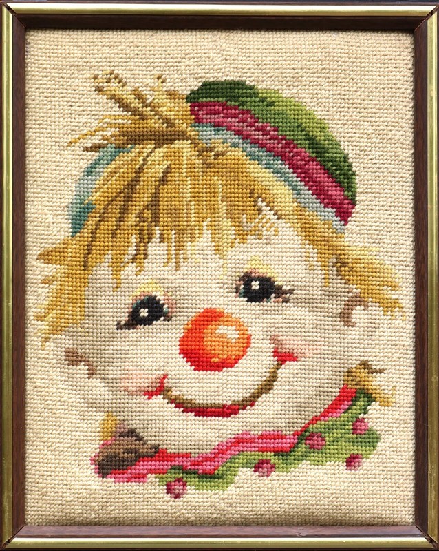 Happy child clown face needlepoint tapestry by Elsa Williams framed gobelin