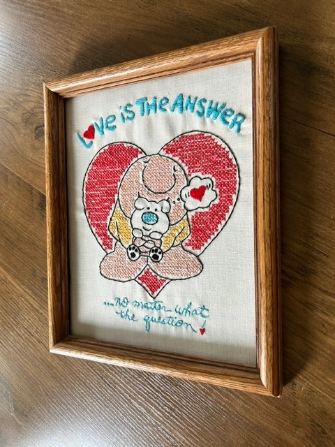 Embroidered Framed Ziggy Art from the 80s, "Love is the Answer" gallery