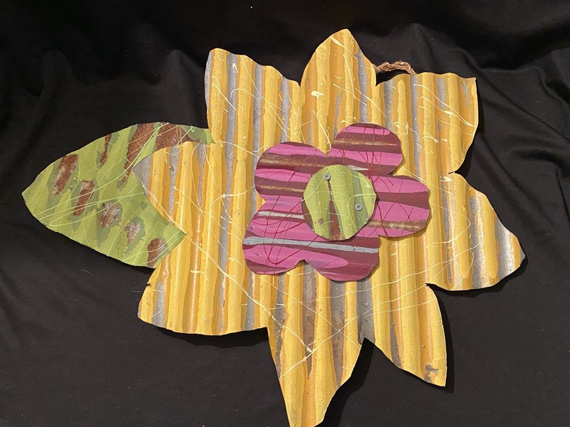 Country Folk Art Painted Sheet Metal Yellow Flower Indoor/Outdoor Wall Decor