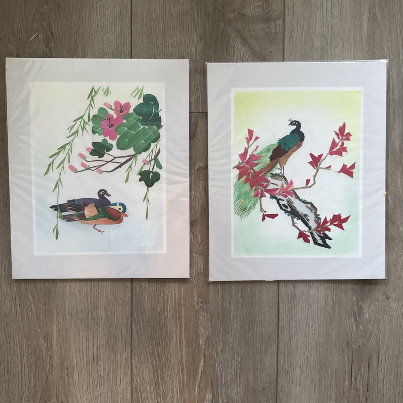 Ducks on a pond & Peacock Wheat Stalk On Silk Picture Hand Cut and Painted 9×11