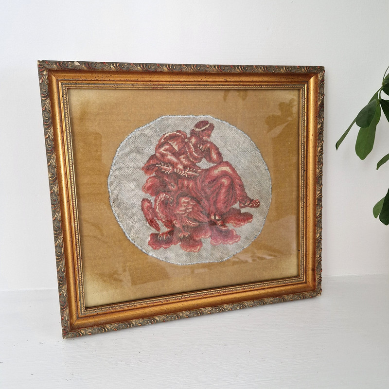Vintage Zeus Textile Tapestry Wall Art Framed Needlework Fiber Art 1979 Gilt