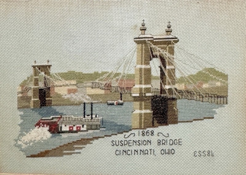 VINTAGE Signed NEEDLEPOINT Yarn Art Roebling Suspension Bridge Cincinnati OH