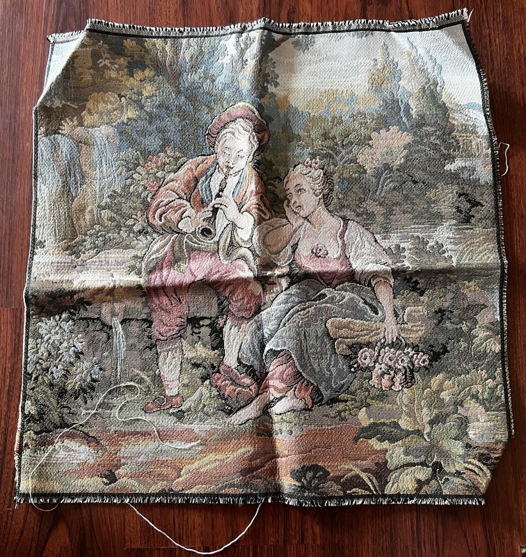 Vintage Italian Tapestry Square Man Playing Music For Seated Woman 19”