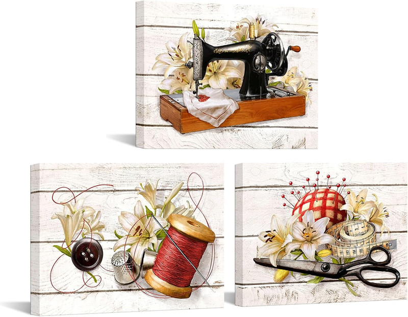 Retro Sewing Machine Canvas Print with Beautiful Lily Flower – Framed Farmhouse