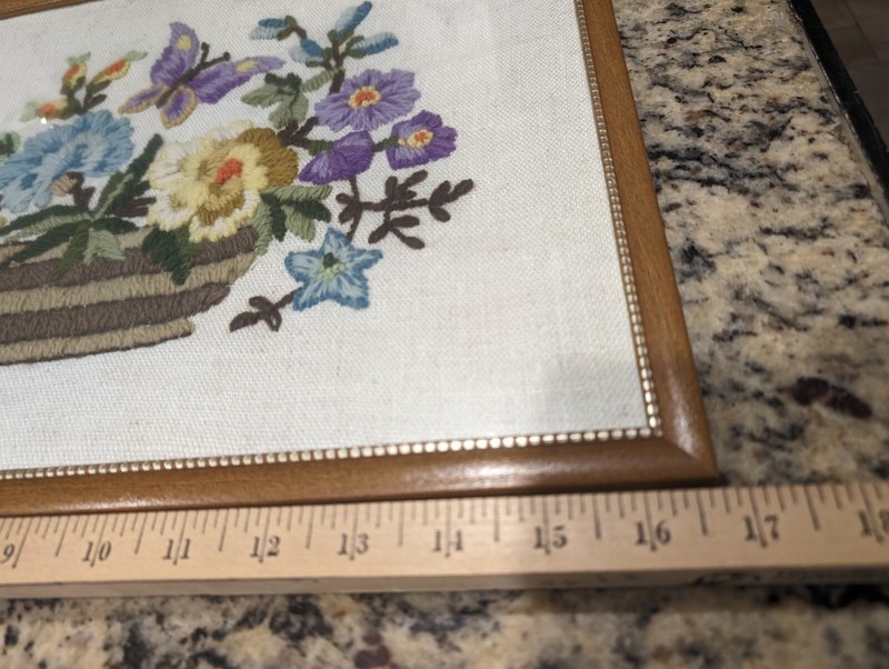 VTG Floral Colorful handmade Bouquet Basket Textile Art Crewel Framed 17 X 12 gallery