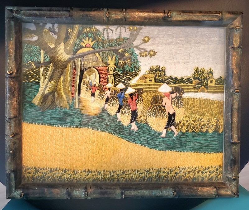 Vintage Asian Farming Village Textile Tapestry Sewn Wall Art Intricate Details