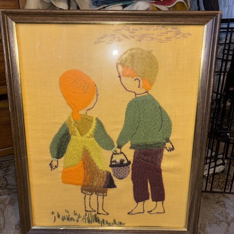 Vintage Framed Folk Art OOAK Embroidery Hanging Rustic Decor Children Wall Art gallery