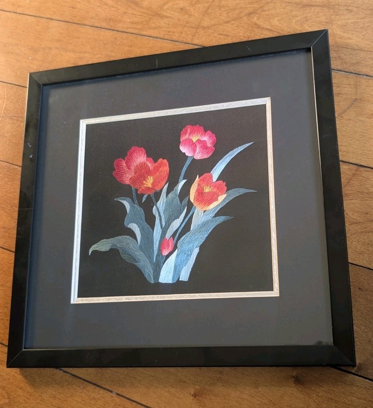 Floral Silk Embroidered Framed Art Embroidery Flowers Black 11×12 Nature Plants