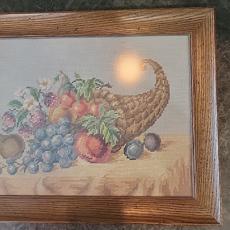 Antique dark wood frame Needle point cornecopia handmade Kitschy Eclectic 18x12" gallery