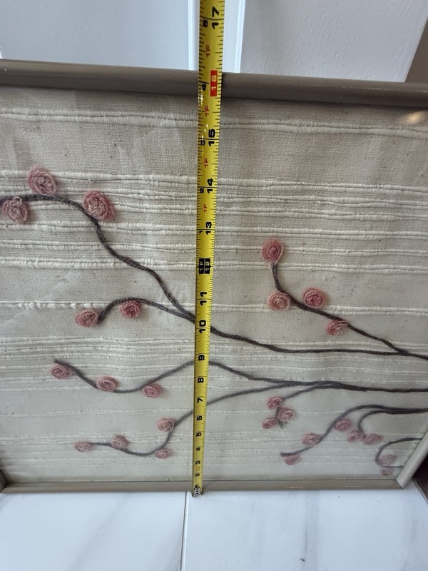 Vintage 70s Framed Yarn Art 3D Pink Floral Blossom Fiber Mid Century Modern 21" gallery