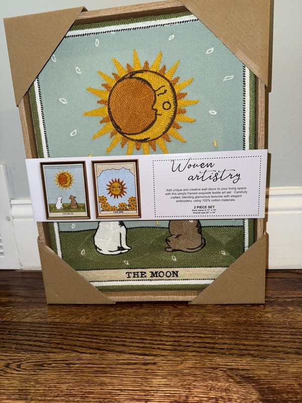 BP Woven Artistry "The Moon" and The Sun” Tarot Card Embroidery Art 15"x12”